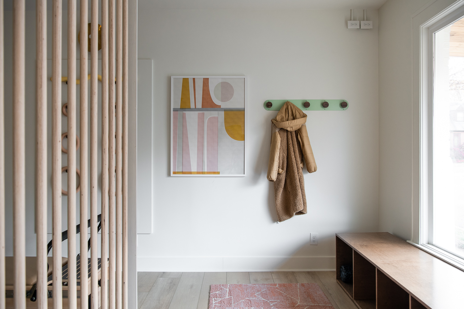 coat rack and storage cubbies at Orofino Wellness